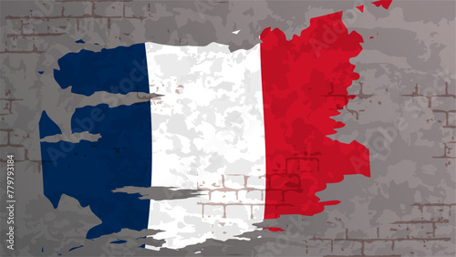 Street art national flag of France on a shabby brick wall. Realistic grunge effect. Great for poster, social media post, background. Officially sign of the French Republic