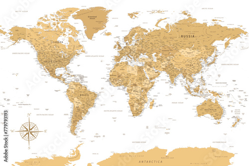 World Map - Highly Detailed Vector Map of the World. Ideally for the Print Posters. Golden Spot Beige Retro Style.