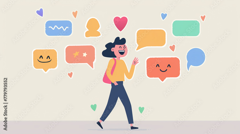 Emotional reactions captured in speech bubbles as a person runs through a feedback session, symbolizing growth