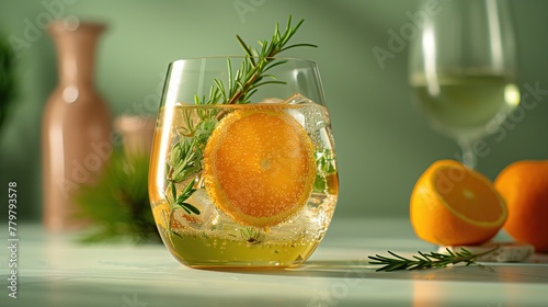 Refreshing plantinfused liquid with Valencia orange and rosemary in tableware photo