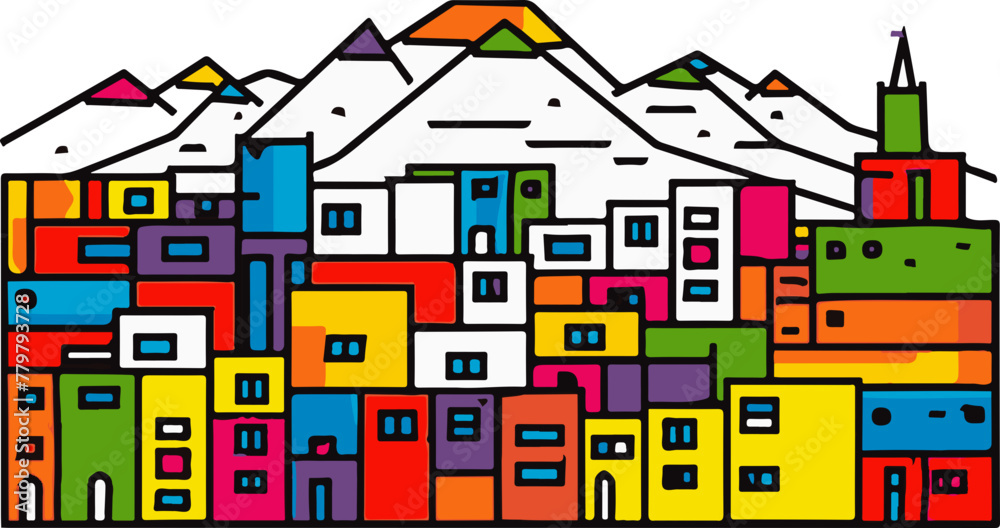 A simple flat illustration of the colorful La Paz cityscape with Illimani Mountain in the background