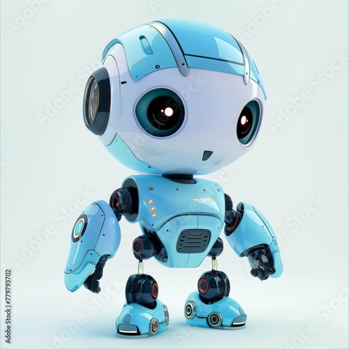 A cartoon robot of blue light color.  Cute baby rainbow cyborg, retro, futuristic modern robot, android, toy character © EvaMur