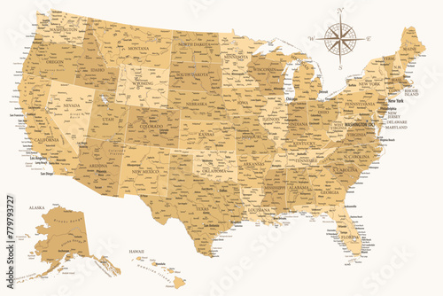 United States - Highly Detailed Vector Map of the USA. Ideally for the Print Posters. Golden Spot Beige Retro Style