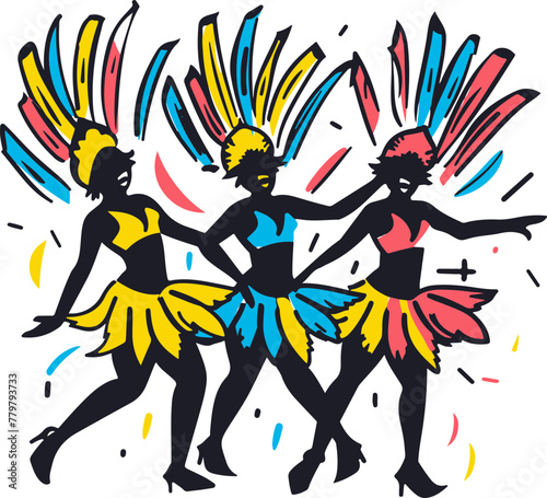 A simple flat illustration of a Carnival parade in Rio with dancers in feathered costumes