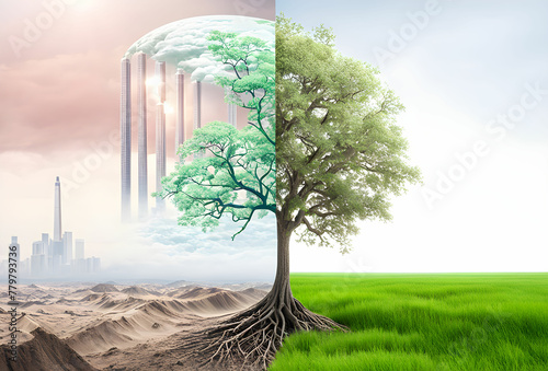 Photo comparing green earth and effect of air pollution from human action  global warming concept  green tree and green earth with light and arid land with air pollusion at background photo