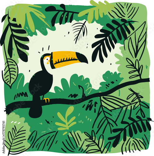 A simple flat illustration of the Amazon Rainforest with a toucan perched on a branch