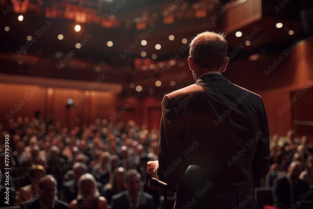 Back view of a male speaker addressing a crowd of attentive listeners in a conference hall, conveying leadership and learning. Back view of a male speaker addressing a crowd of attentive listeners in a conference hall, conveying leadership and learning.