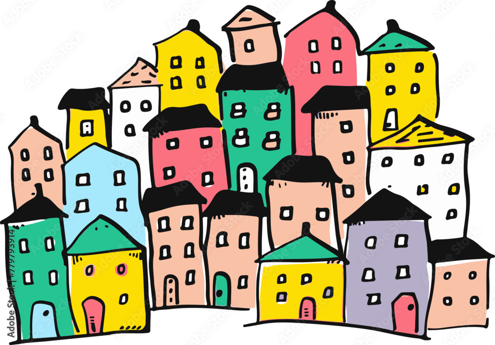 A simple flat illustration of the colorful houses of Choroni