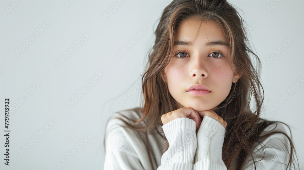A Japanese young woman with long brown hair is wearing a white sweater and is looking at the camera. She is in a contemplative mood. Teen pretty Japanese girl over isolated white background A Japanese young woman with long brown hair is wearing a white sweater and is looking at the camera. She is in a contemplative mood. Teen pretty Japanese girl over isolated white background