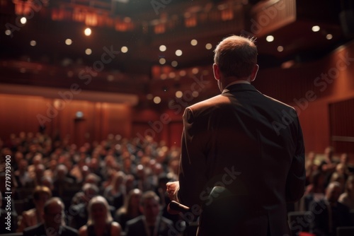 Back view of a male speaker addressing a crowd of attentive listeners in a conference hall, conveying leadership and learning.