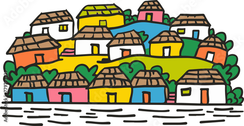 A simple flat illustration of a colorful Emberá village on the banks of the Chagres River photo