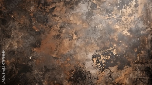 An abstract textured painting with dark and earthy tones and metallic accents. © Natalia