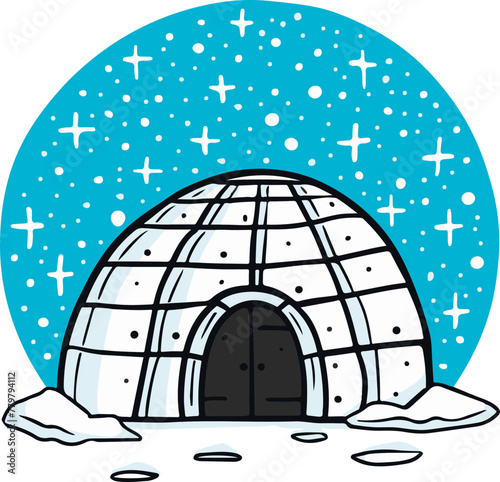 A simple flat illustration of a traditional Inuit igloo under the starry Arctic sky