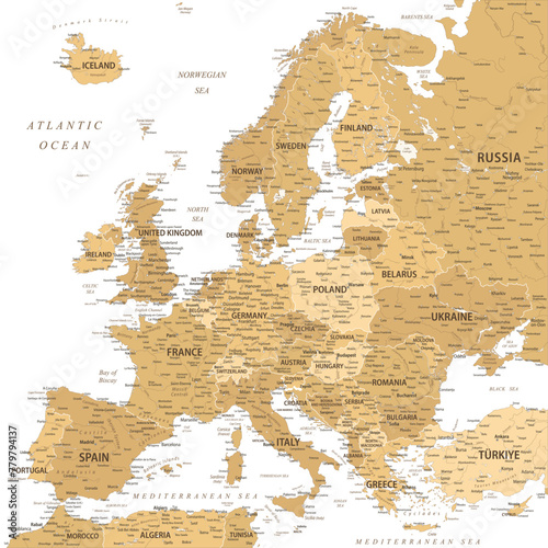 Europe - Highly Detailed Vector Map of the Europe. Ideally for the Print Posters. Golden Spot Beige Retro Style