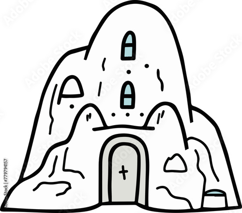 A playful illustration of a church nestled within a snow-topped mountain, exuding a peaceful spiritual retreat.