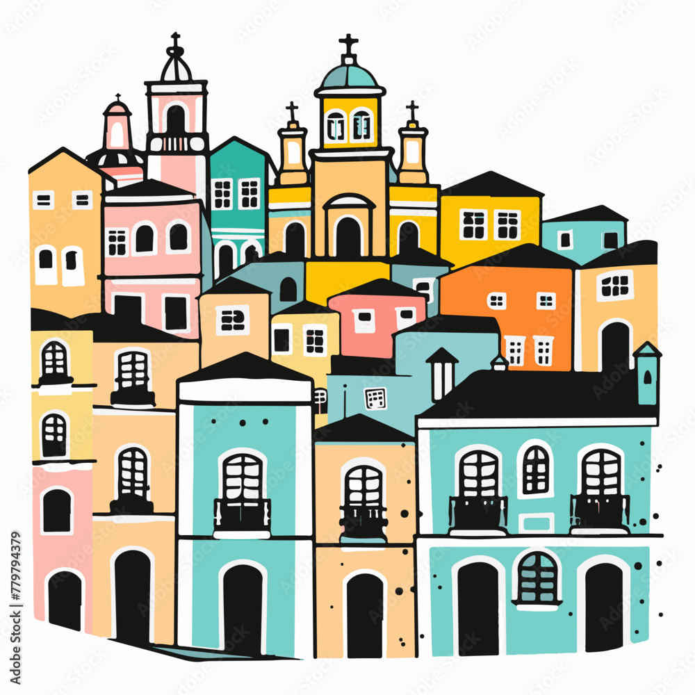 A simple flat illustration of the historic Pelourinho district in Salvador, Bahia