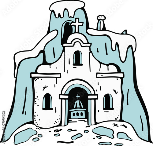 A playful illustration of a church nestled within a snow-topped mountain, exuding a peaceful spiritual retreat.