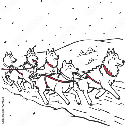 A simple flat illustration of a dog sled team racing across a snowy landscape