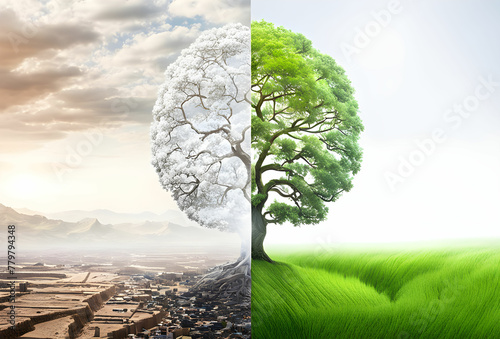Photo comparing green earth and effect of air pollution from human action  global warming concept  green tree and green earth with light and arid land with air pollusion at background photo