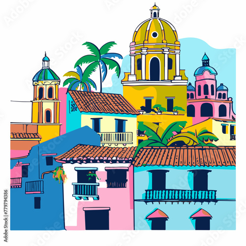 A simple flat illustration of the historic walled city of Cartagena with its colorful colonial buildings