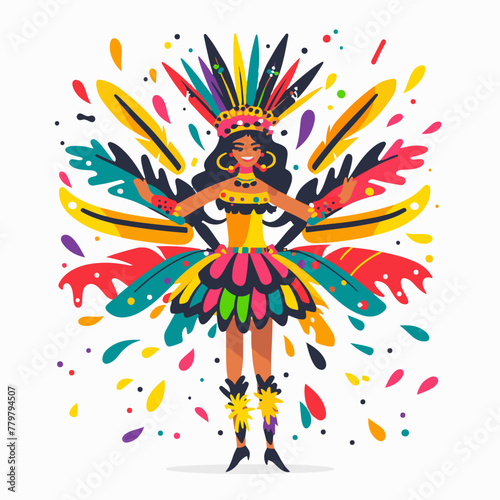 A vibrant illustration of a Colombian carnival dancer, adorned in a colorful feathered costume, radiating festive joy. photo