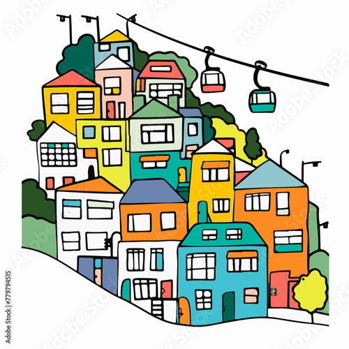 A simple flat illustration of Valparaiso's colorful hillside houses and funiculars