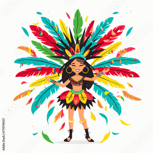A vibrant illustration of a Colombian carnival dancer, adorned in a colorful feathered costume, radiating festive joy. photo