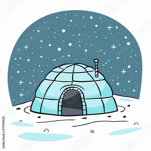 A simple flat illustration of a traditional Inuit igloo under the starry Arctic sky