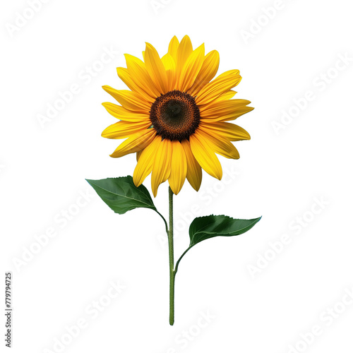 Yellow Sunflower and Green Leaves on White Background