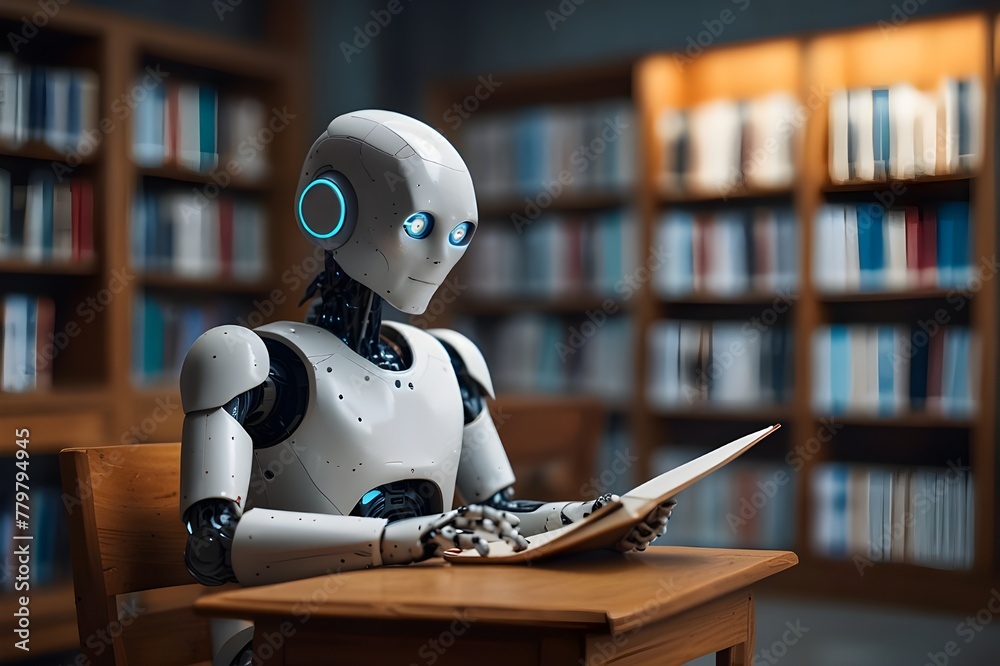 ai robot reading book in library,Generative ai. ai robot reading book in library,Generative ai.