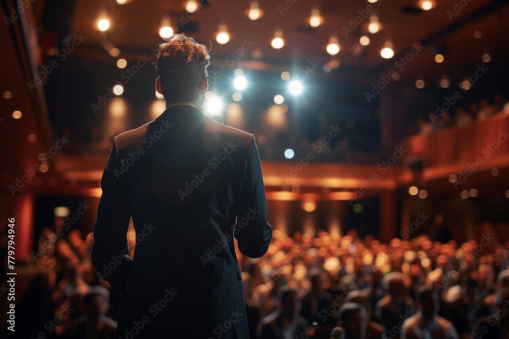 Rear view of a distinguished speaker addressing an audience at a corporate business conference in a well-lit auditorium. Rear view of a distinguished speaker addressing an audience at a corporate business conference in a well-lit auditorium.