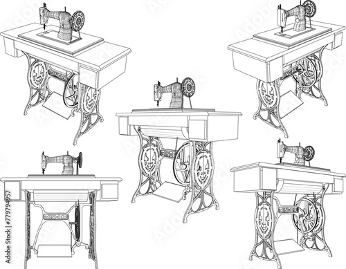 vector design sketch illustration of old classic vintage sewing machine