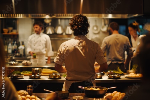 A bustling commercial kitchen with chefs preparing dishes, teamwork in action with a focus on culinary skills and cooperation.