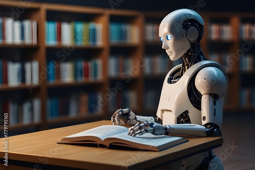 ai robot reading book in library,Generative ai.	 photo