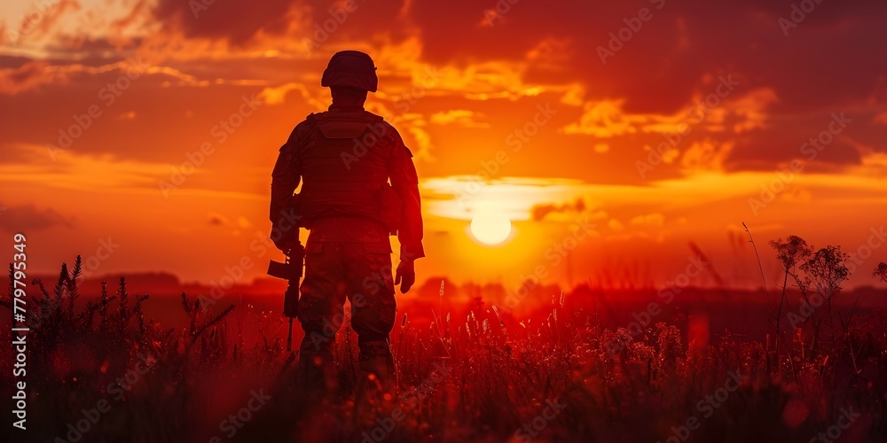 A Lone Soldier s Silhouette Stands against the Fiery Sunset Symbolizing the Sacrifices Made in the Pursuit of Freedom