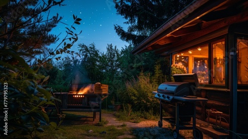 The gentle glow of the barbecue under the night sky stars twinkling