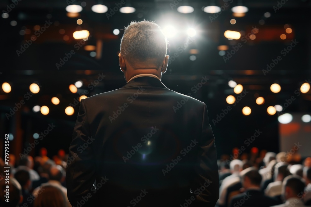 Rear view of a professional businessman speaking at a conference podium with a room full of attendees, portraying leadership and communication. Rear view of a professional businessman speaking at a conference podium with a room full of attendees, portraying leadership and communication.