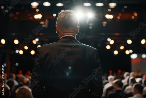 Rear view of a professional businessman speaking at a conference podium with a room full of attendees, portraying leadership and communication.