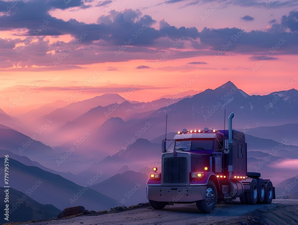 Rugged Semi Truck Navigating Majestic Mountain Landscape at Twilight Rugged Semi Truck Navigating Majestic Mountain Landscape at Twilight