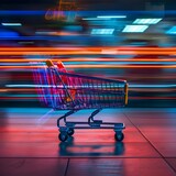 High Speed Shopping Cart in Futuristic Retail Environment with Vibrant Neon Lighting and Dynamic Blurred Motion