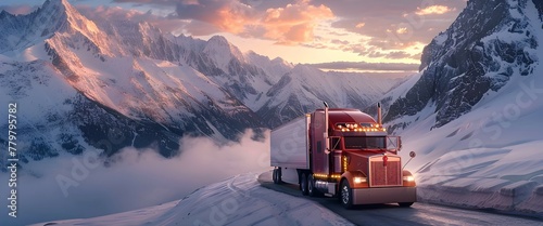 Mighty Truck Ascending Steep Snowy Mountain Pass during Dramatic Dawn Lighting photo