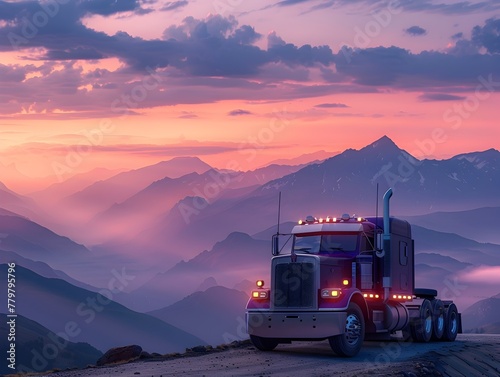 Rugged Semi Truck Navigating Majestic Mountain Landscape at Twilight