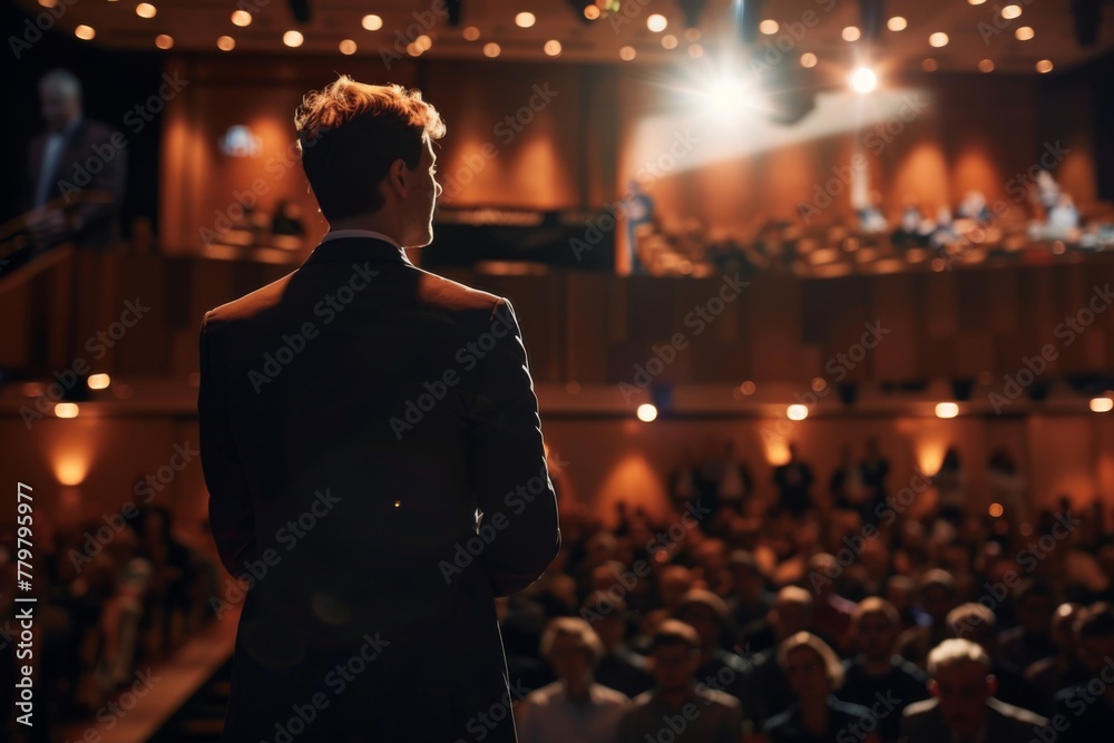A speaker stands before an audience in a conference hall, presenting under bright stage lights. A speaker stands before an audience in a conference hall, presenting under bright stage lights.