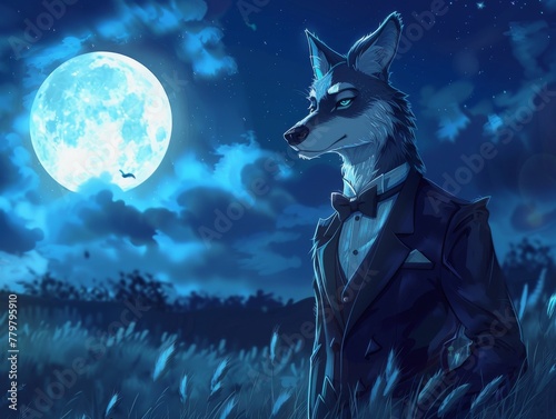 wolf in formal wear, low angle with the moonlit night as backdrop photo