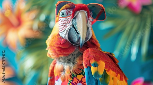  parrot in tropical prints, bold colors, beach party flair photo