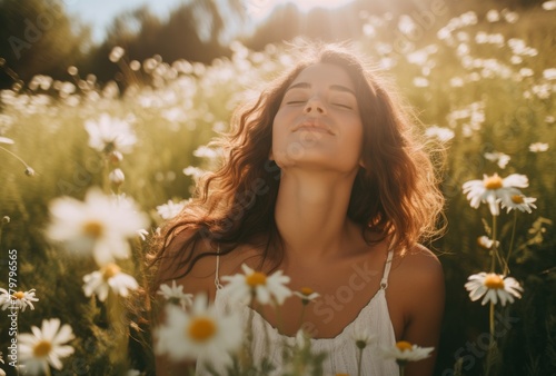  eine Frau mit geschlossenen Augen im Blumenfeld,  a woman with closed eyes in a field of flowers