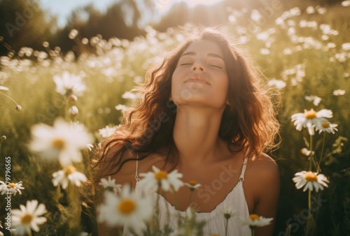  eine Frau mit geschlossenen Augen im Blumenfeld,  a woman with closed eyes in a field of flowers photo