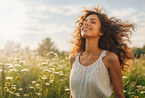  eine Frau mit geschlossenen Augen im Blumenfeld,  a woman with closed eyes in a field of flowers