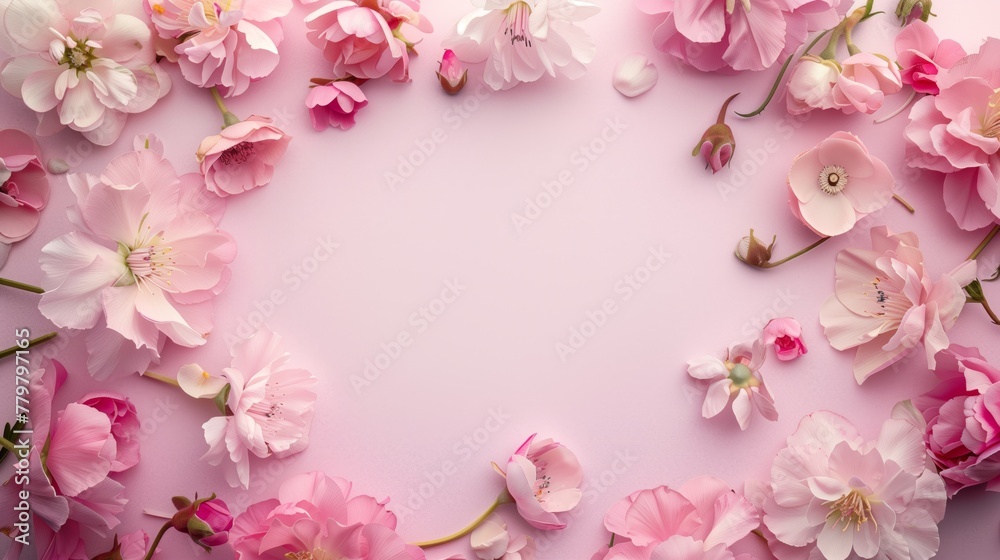 Delicate pink flowers arranged around an oval space on a soft pink background