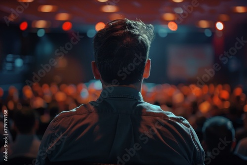 Back view of a person watching a speaker at a crowded conference event, conveying concepts of learning, networking, and business.